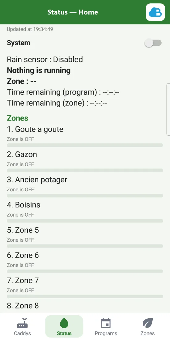 Status of the controller and its zones