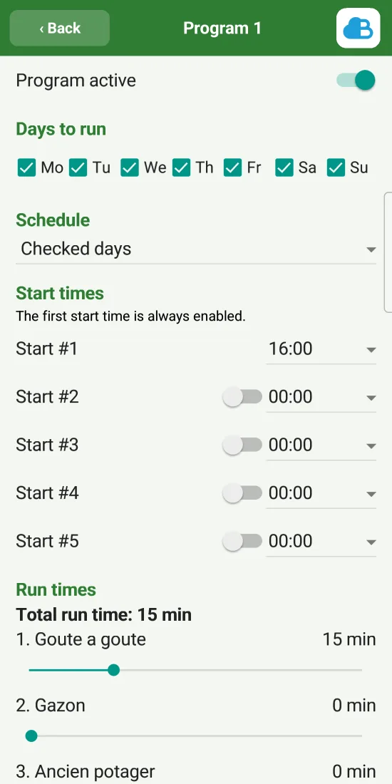 A program: days, start times, durations