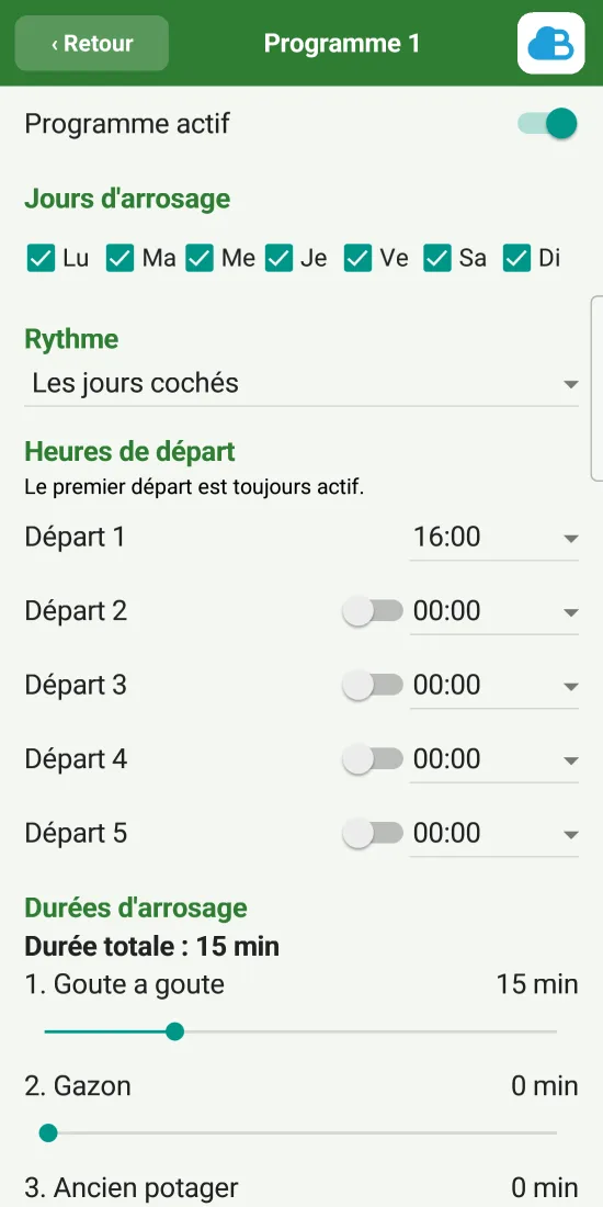 Un programme : jours, heures de départ, durées